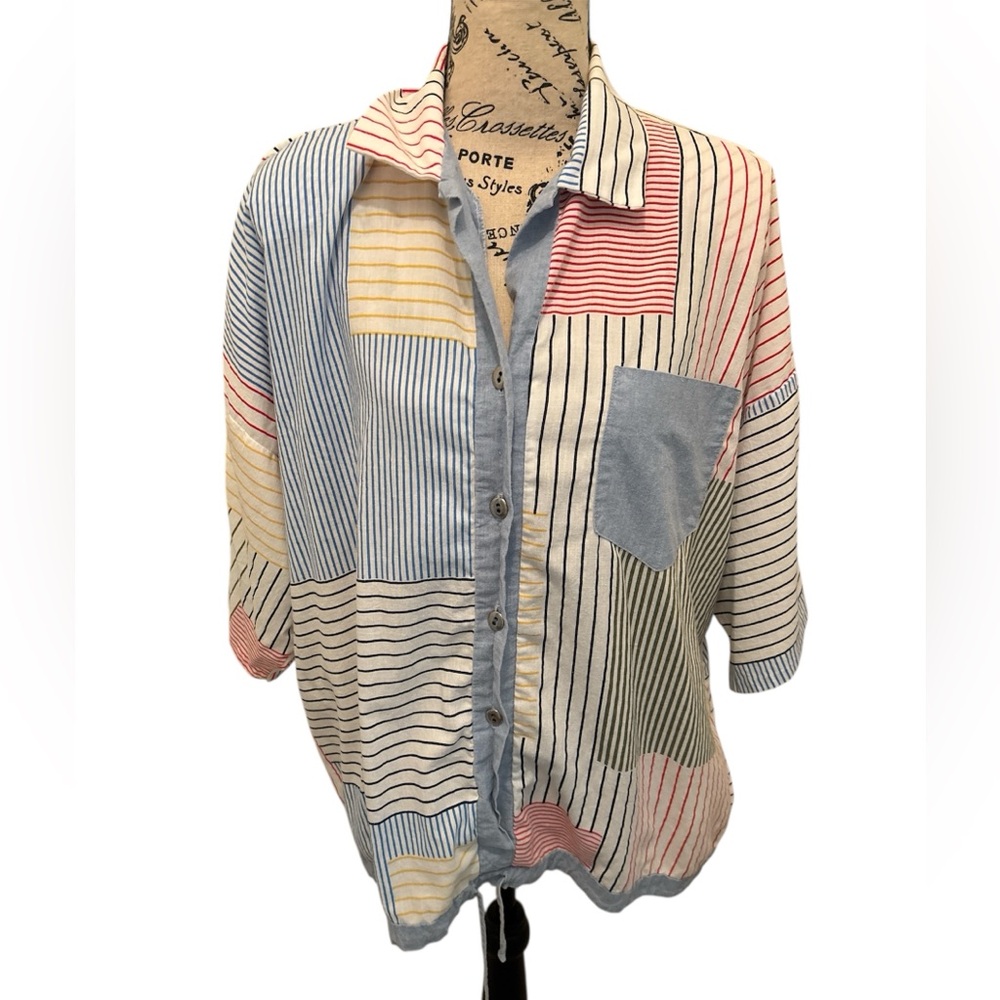 Boxy Pink and Blue 3/4 Sleeve Button Down Top